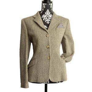 Ralph Lauren Greige Herringbone Wool Silk Blend Satin Lined 3-Button Blazer 12P